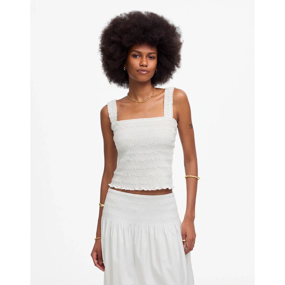 Madewell Poplin Smocked Tank White SZ XLG 100% Cotton Americana Minimalist NWT
